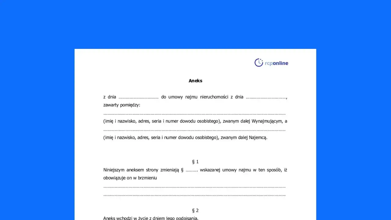 Aneks do umowy najmu nieruchomości. Dokument opisuje cesję praw i obowiązków między stronami, określając warunki zmiany umowy.