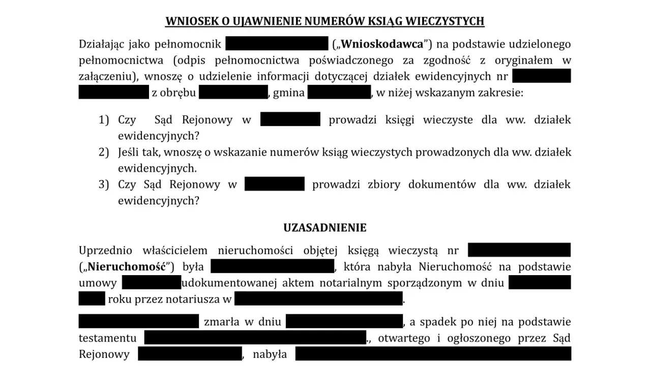 Wniosek o ujawnienie numerów ksiąg wieczystych. Dotyczy działek ewidencyjnych, dla których Sąd Rejonowy prowadzi księgi wieczyste.