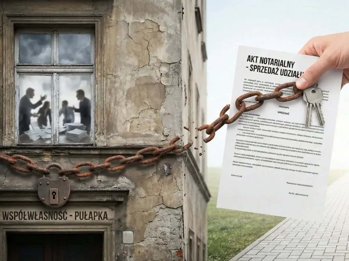 Akt notarialny - sprzedaż udziałów w nieruchomości. Zerwany łańcuch symbolizuje uwolnienie od problemów ze współwłasnością.