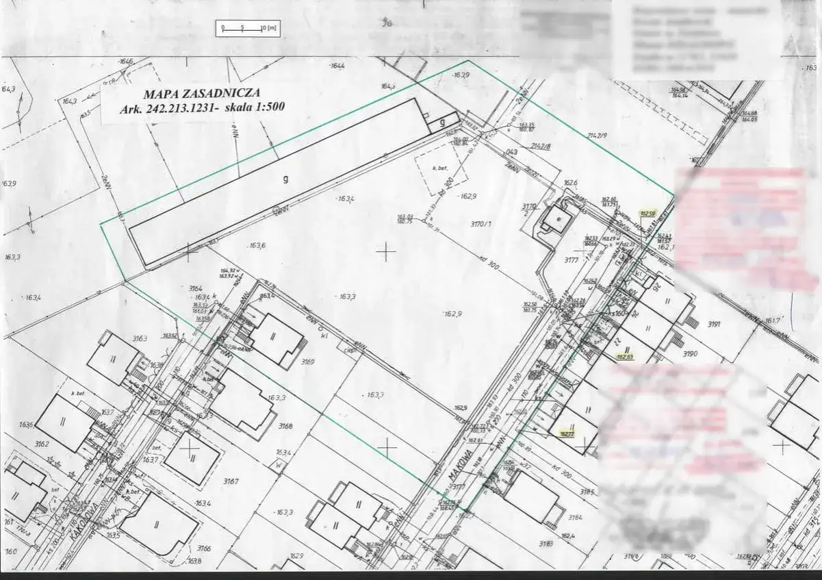 Mapa zasadnicza do warunków zabudowy, przedstawiająca działki z budynkami i infrastrukturą.
