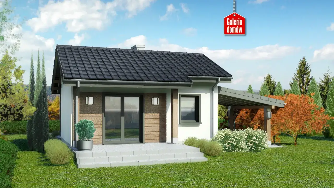 Nowoczesny dom do 70m2 z zadaszeniem, otoczony zielenią i jesiennymi drzewami.