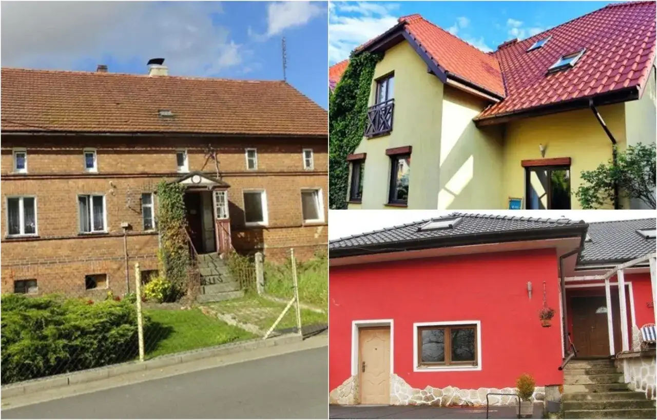 Trzy domy, jeden ceglany, drugi żółty, trzeci czerwony. Może to oferta licytacja komornicza?