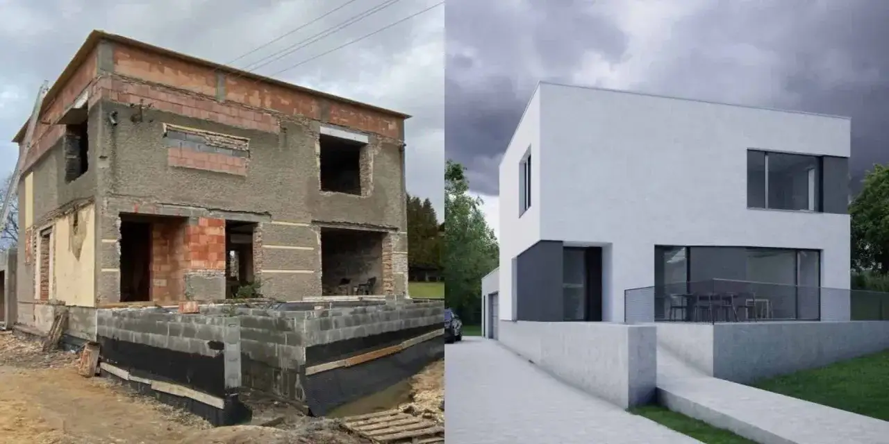 Przed i po: ruina domu przechodzi metamorfozę w nowoczesną bryłę. Rozbudowa domu zakończona sukcesem.