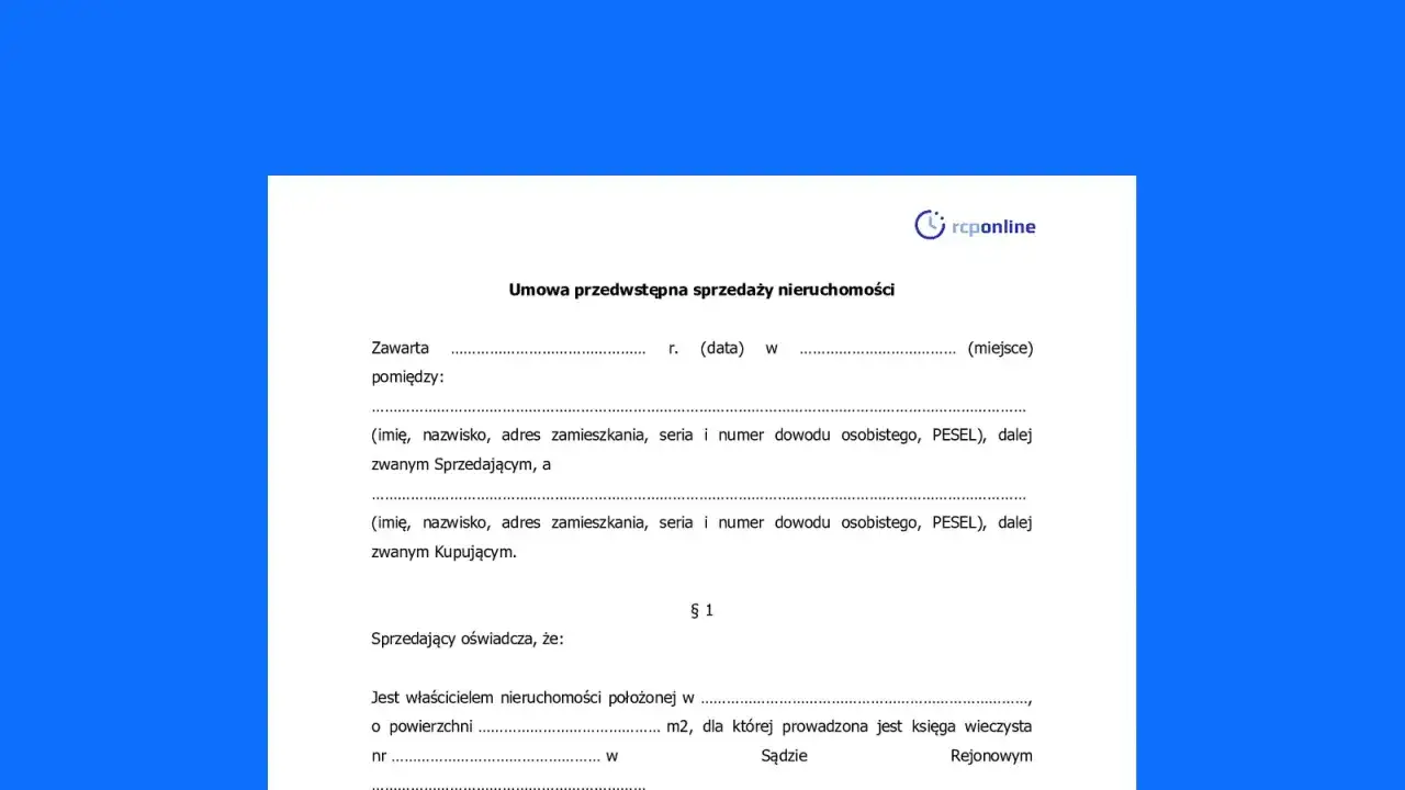 Umowa przedwstępna sprzedaży nieruchomości, dokument przypominający akt notarialny, zawiera dane stron i szczegóły transakcji.