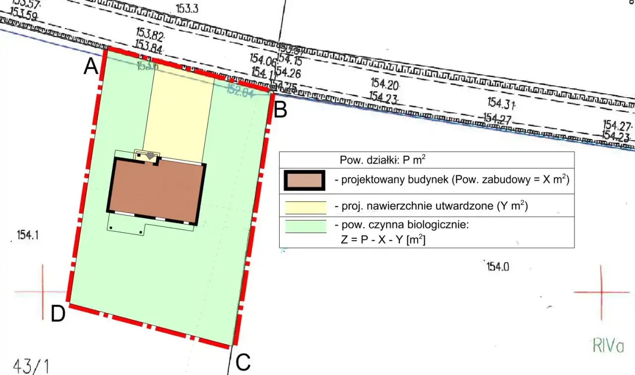 Mapa do warunków zabudowy z zaznaczonym projektowanym budynkiem i terenami zielonymi.