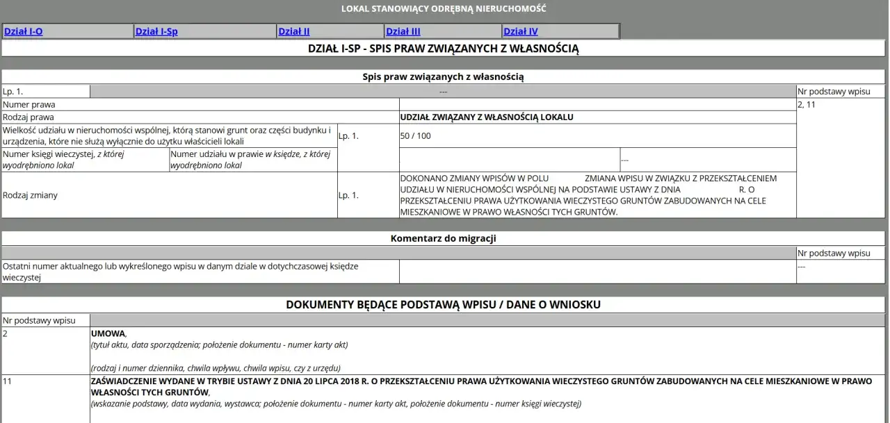 Wpis dotyczący służebności gruntowej, wskazujący na przekształcenie prawa użytkowania wieczystego gruntów zabudowanych na cele mieszkaniowe w prawo własności.