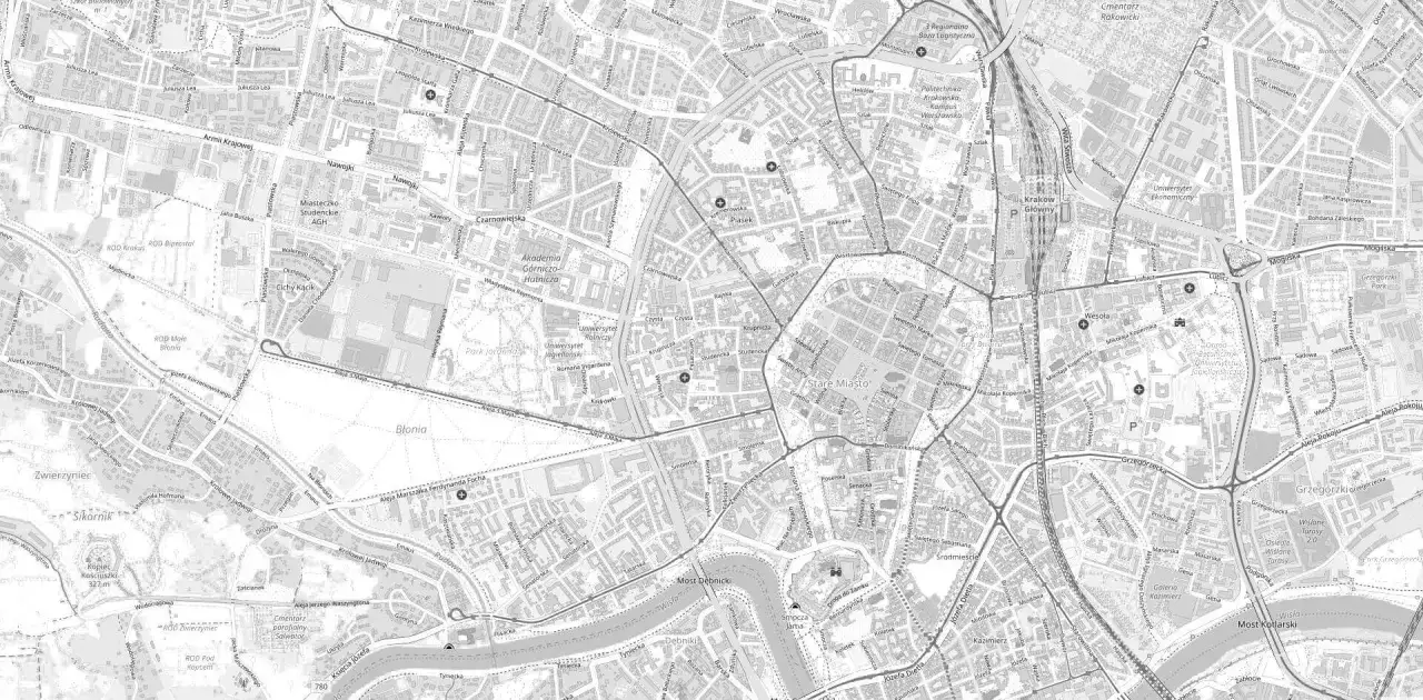 Mapa Krakowa z zaznaczonymi ulicami i budynkami. Szukasz informacji, jak sprawdzić kto jest właścicielem działki?