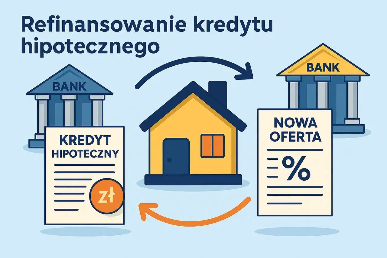 Ilustracja pokazuje proces refinansowania kredytu hipotecznego. Dom symbolizuje właściciela, który przenosi swój obecny kredyt z jednego banku do drugiego, by uzyskać lepszą ofertę.