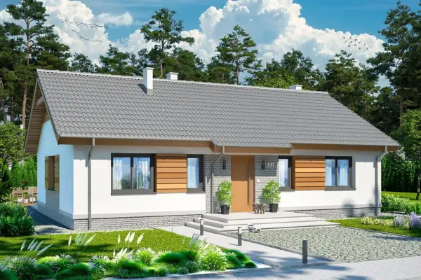 Nowoczesny, parterowy dom z drewnianymi elementami. Idealne tanie w budowie projekty domów jednorodzinnych dla rodziny.