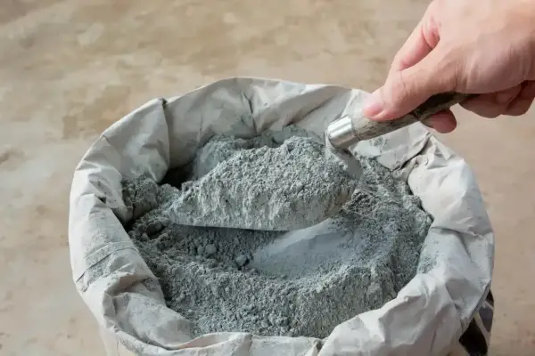Łopata nabiera suchy beton. Kluczowe są właściwe proporcje do uzyskania mocnej mieszanki.